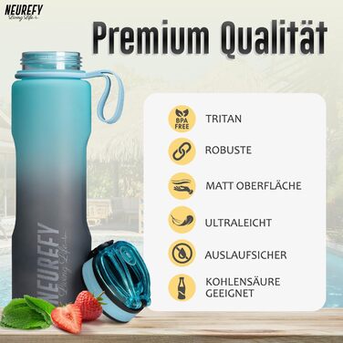 Пляшка для води NEUREFY 1 л з тритану, не протікає, блакитна, BPA-free, з фільтром та індикатором об’єму для спорту, фітнесу, офісу, школи, університету, outdoor