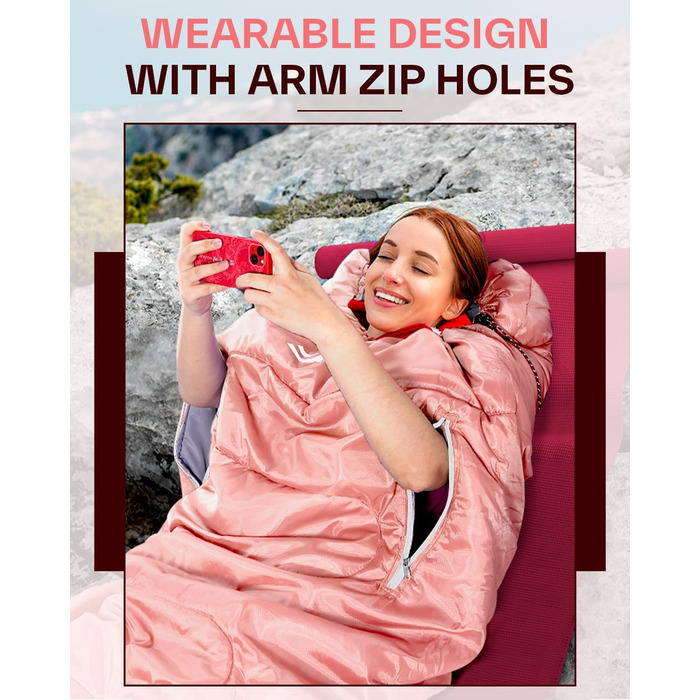 Сплячий мішок Sportneer Outdoor - ковдровий спальний мішок 3-4 сезони для дорослих, теплий, для кемпінгу, подорожей та активного відпочинку (200x85 см, Рожевий)