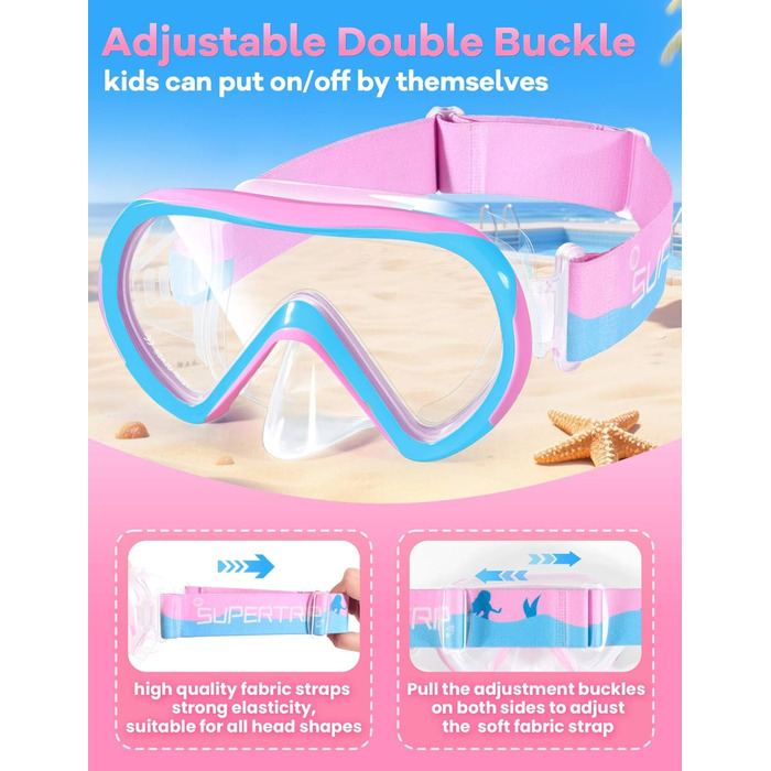 Дитяча маска для плавання та снорклінгу Supertrip, 6-14 років, скло, рожево-блакитна