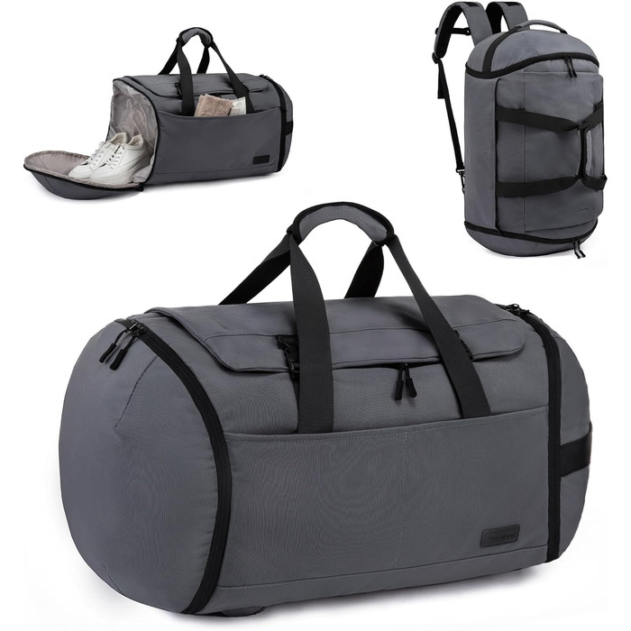Спортивна сумка LOVEVOOK для чоловіків з відділенням для взуття, 65L, сіро-чорна.  Чоловіча сумка для спортзал, подорожі, ручна поклажа, 52x45x28 см.