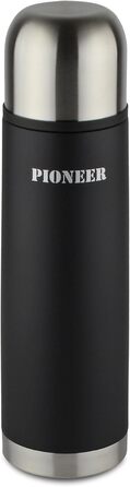 Термос Pioneer 1 л з нержавіючої сталі, вакуумний, з кнопкою та чашкою, 8 годин гаряче, 24 години холодне, 100% герметичний, BPA Free, чорний