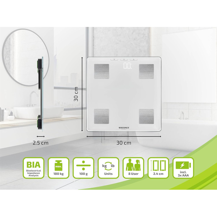 Розумні ваги Soehnle Shape Sense Connect Lite, аналіз складу тіла, з'єднання з додатком, вимірювання жиру, води, м'язової маси, LED-дисплей, білі