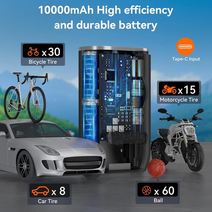 Електричний насос WYRIAZA 10000 мАг, 150 PSI з цифровим манометром, LED-підсвіткою, 4 режимами, для авто, велосипедів, мотоциклів, м'ячів