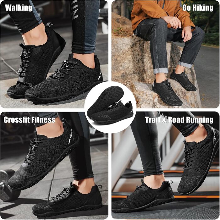 Босижні кросівки Geweo для жінок та чоловіків: зручні, широка передня частина, легкі, для фітнесу, кросфіту, силових тренувань, без підйому, трекінгові, унісекс, розміри 37-47 EU (чорний, 41 EU широкі)