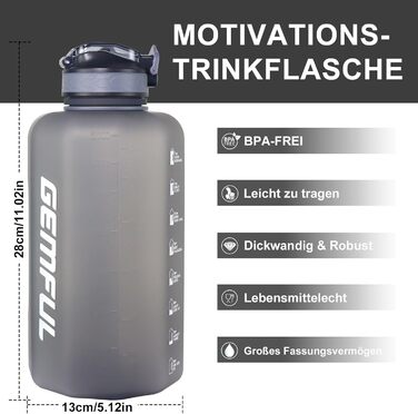 Фляга для води GEMFUL 2.2 л з трубочкою, велика спортивна пляшка з маркуванням часу, BPA-free, для фітнесу, велосипеду, активного відпочинку та роботи (Сіра)