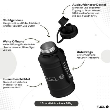 Металева пляшка для води Extra Stark 1.3L та 2.2L - Без витоку, BPA-Free - Міцна пляшка для спортзалу, спорту та дорослих (1300 мл, Чорний)