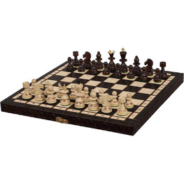 Шахи Sunrise Chess & Games Schachperle середні, традиційні польські фігури, випалене та розписане вручну шахове поле, дерев'яна шкатулка з відділеннями, коричневі
