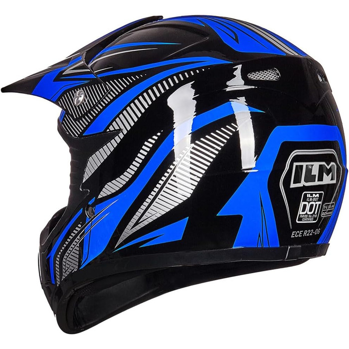 Дитячий мотоциклетний шолом ILM Motocross з окулярами та рукавичками, ECE сертифікований (S, Синій/Срібний)