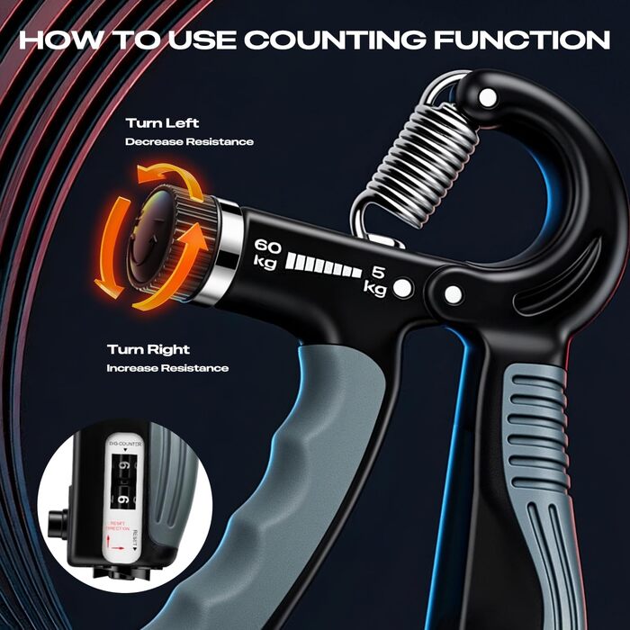 Тренування сили хвату: Регульований ручний тренажер з опором 5-60 кг (11-132 lbs) з лічильником для спорту та реабілітації