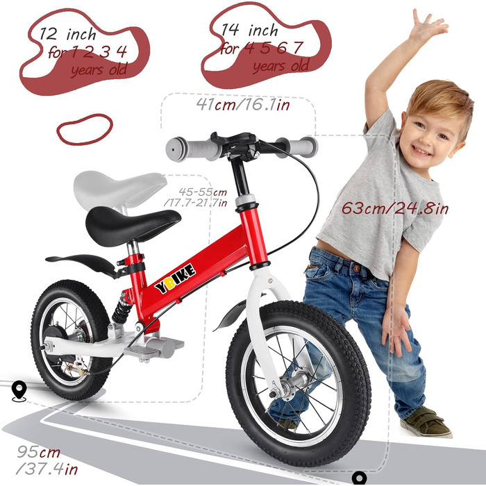 YBIKE дитячий велосипед 2-в-1 з педалями, амортизаторами та крилами, 12/14 дюймів, для дітей 2-7 років, навчальний, 4 кольори