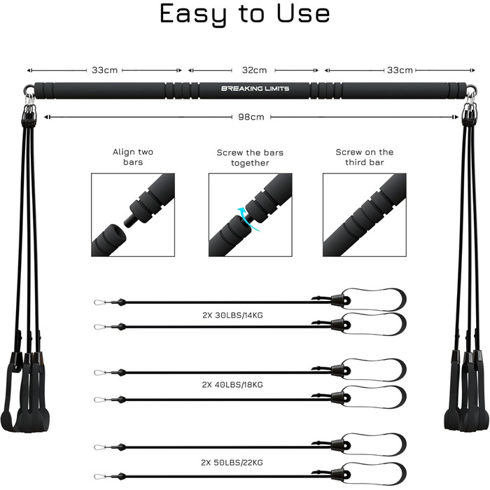 Пілатес Бар для фітнесу Breaking Limits - набір зі стійкою та 6 гумками для дому. Сталь, піна, чорний ремінь