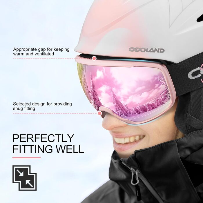 Шолом для лижного спорту та сноуборду Odoland з маскою, регульований розмір, захист вух, для чоловіків, жінок та підлітків (M (57-59 см), яскраво-рожевий)