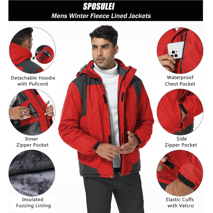 SPOSULEI чоловіча флісова куртка на зиму, тепла, з підкладкою, для катання на лижах, для активного відпочинку, вітронепроникна, водонепроникна, з капюшоном, червона