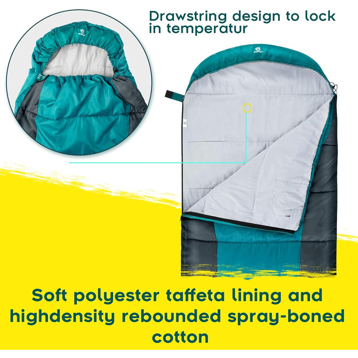 Спальний мішок Bessport Flannel для кемпінгу 3-4 сезони - 10°C-20°C | Зимовий, легкий, водонепроникний та теплий спальний мішок для дорослих та дітей, для подорожей з рюкзаком, кемпінгу, походів та подорожей. Фланелевий, блакитно-зелений (-5°C) (Поліестер