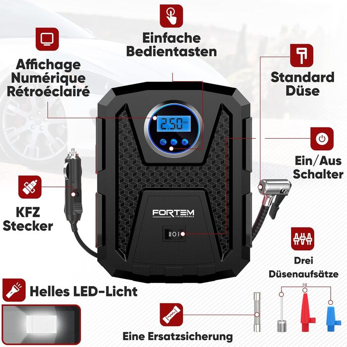 Електричний компресор Fortem 12V для авто і велосипедних шин, з LED-підсвіткою, цифровим манометром, автоматичним відключенням та сумкою