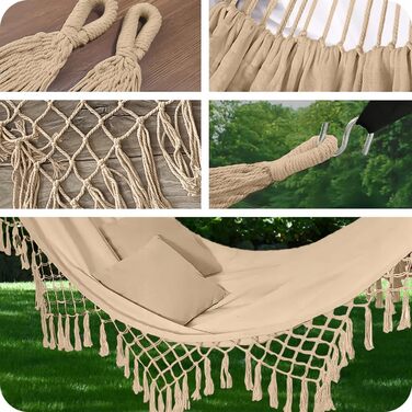Гамак вуличний KRUMAD Boho бежевий 190x150 см, бавовна-поліестер, до 120 кг, з бахромою, сумка для зберігання, для саду, балкону, тераси