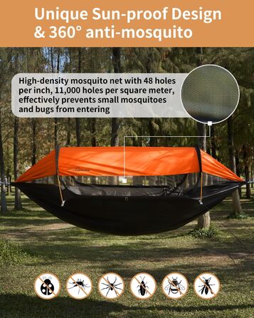Гамак-намет Travel Bird з москітною сіткою та сонцезахистом, 290x140 см, великий простір, багатофункціональний, легкий, з ременями для кріплення до дерева, підходить для кемпінгу та відпочинку на природі (зелений/помаранчевий)