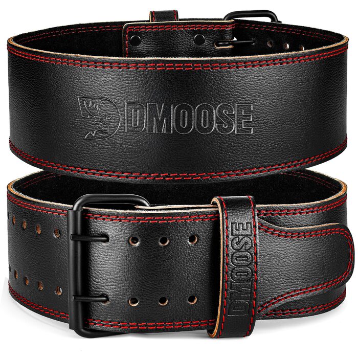 Шкіряний атлетичний пояс для важкої атлетики DMoose Fitness для підтримки попереку, 5 мм, для станової тяги та присідань, Powerlifting, чорний з червоною прошивкою, Small (23-30 дюймів)