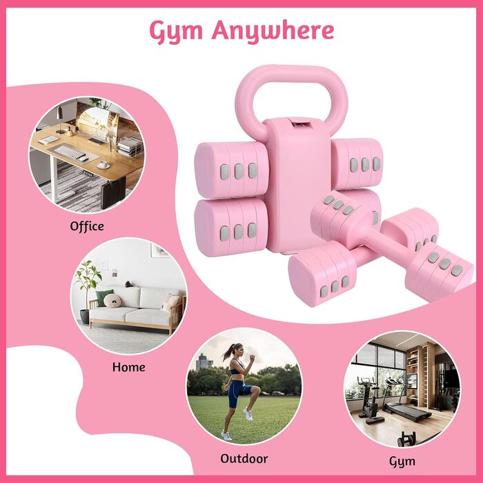 Регульований набір гантелей-кетлбелів для жінок 1 кг, рожевий (2-в-1) для фітнесу вдома