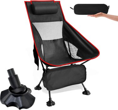 Складний туристичний стул Bindokun 120кг, ультралегкий, компактний, з кишенями та підголівником, для риболовлі та піших прогулянок (червоний)