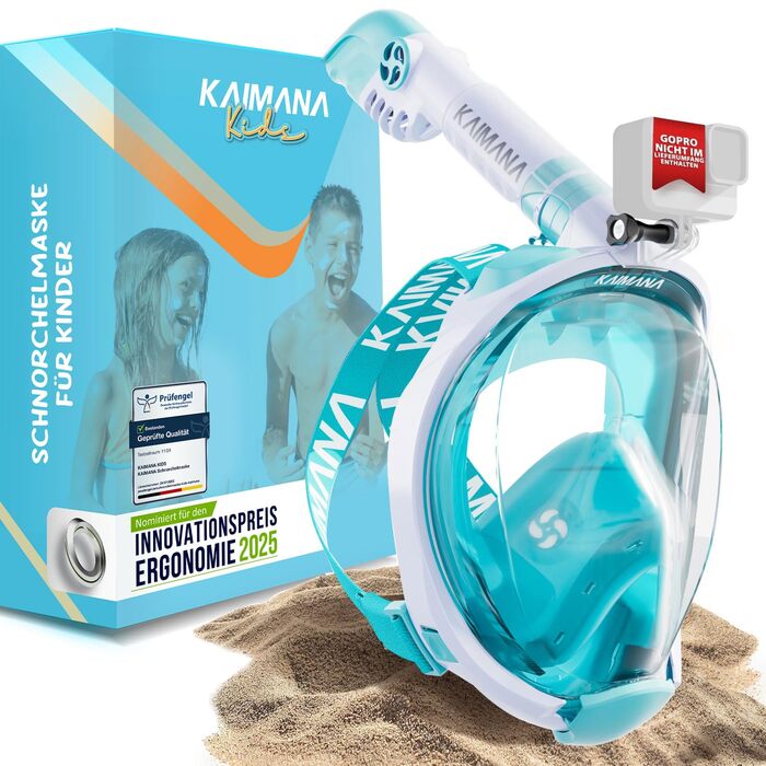 Маска для снорклінгу KAIMANA® повного обличчя: для дорослих та дітей, безпечна від CO2, з сумкою, бірюзова