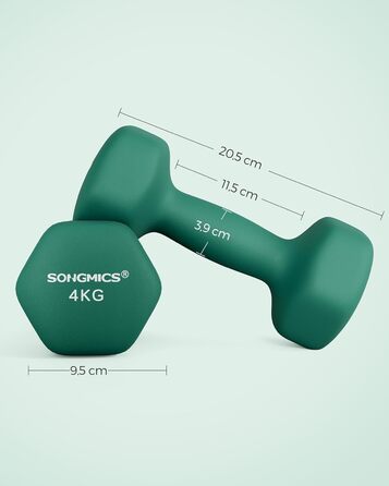 Гантелі SONGMICS 2 x 4 кг, шестигранні, неопринове покриття, для силових тренувань вдома, зелений колір