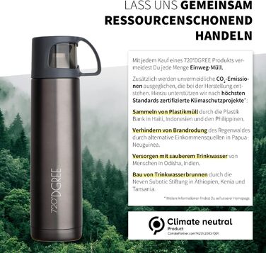 Термос 720°DGREE Follow з чашкою, 450 мл, нержавіюча сталь, BPA-free, ізольований, для кави та чаю, для дітей, школи, роботи, сіро-кам'яний