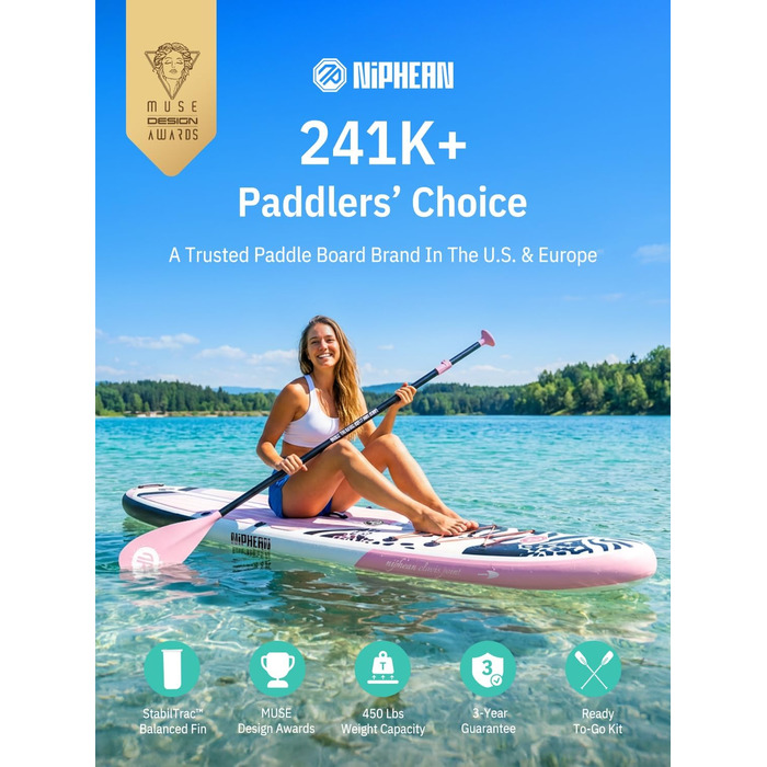 Надувне SUP-борд Niphean Stand Up Paddle Board з сидінням та аксесуарами, 320см, 200кг, для 2 осіб, StabilTrac-Fin