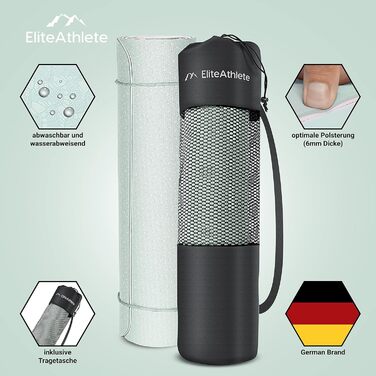 Килимок для йоги та фітнесу EliteAthlete, 183x61x0,6 см, м'який, нековзкий, з ременем і чохлом, м'ятний