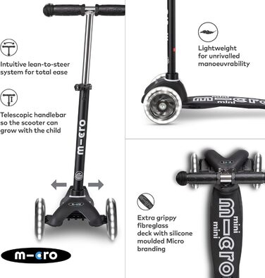 Самокат дитячий Micro Deluxe Kinder Schwarz ECO з регульованим кермом та світловими колесами для хлопчиків і дівчаток