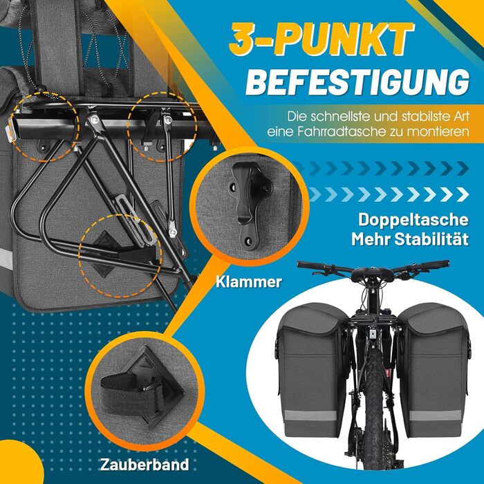 Велосумка на багажник West Biking 33 л з дощовиком і відбивачами, сіра, швидке кріплення