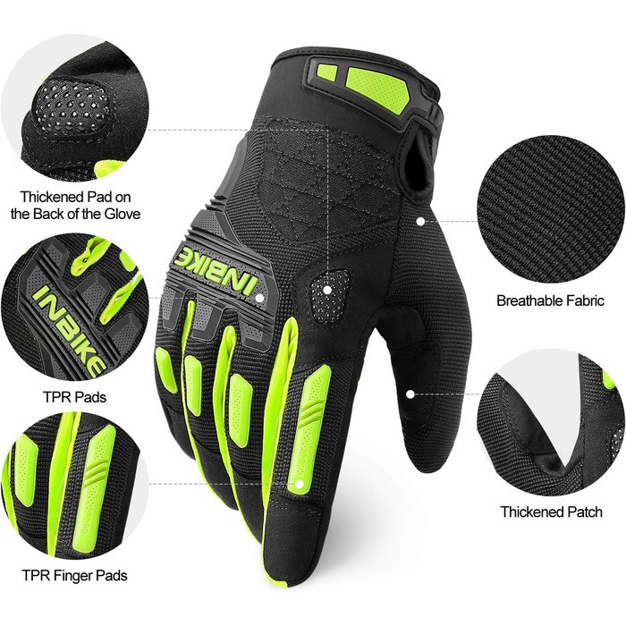 Велосипедні рукавички INBIKE MTB з повним пальцем, зелені, XL - для катання на гірському велосипеді, шосе та мотокросу. Зручні, дихаючі, з захистом пальців TPR та EVA.
