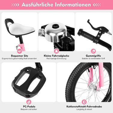 Дитячий велосипед 16 дюймів для дітей 5-8 років, рожевий, з додатковими колесами, регульоване сідло та кермо