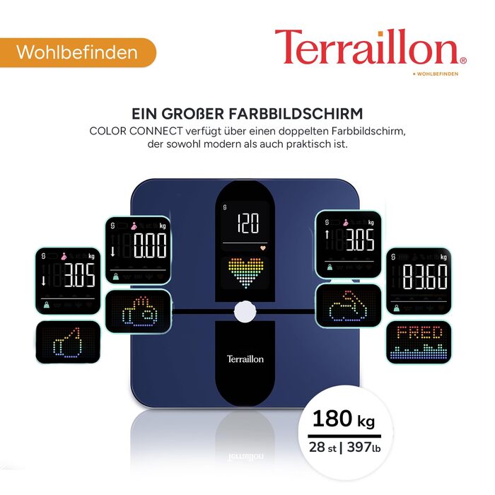 TERRAILLON COLOR CONNECT - Розумна вага з Bluetooth, вимірювання серцевого ритму, маси тіла: жир, м'язове, кісткове, BMI, ємність 180 кг, шкала 50 г, мультидисплей, колір блакитний