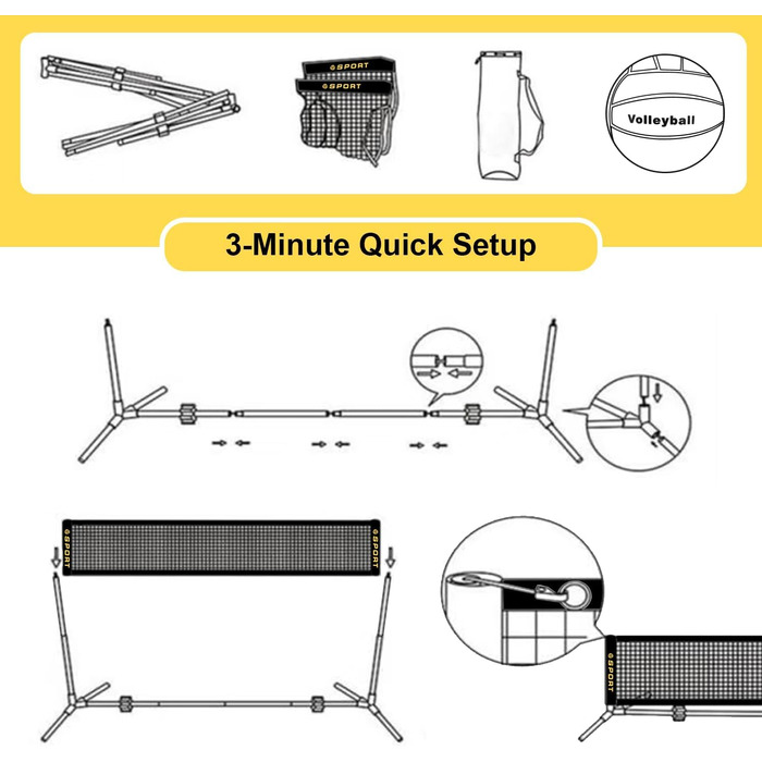 Портативне міні-волейбольне сітка, комплект з гумовим волейбольним м'ячем, насосом та сумкою. Регульована висота 7,9 м - 1,5 м для тенісного, бадмінтонного, футбольного та піклбол-сітки