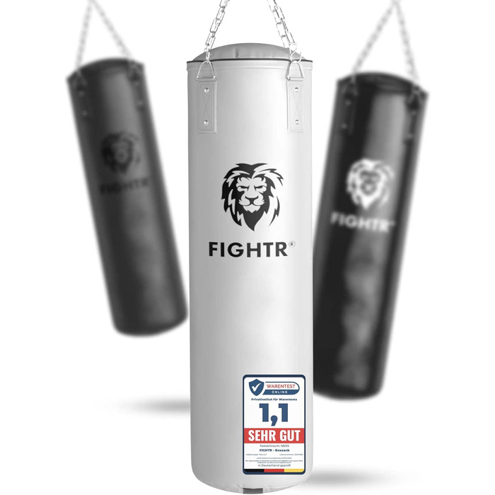 Боксерський мішок FIGHTR®: міцний та довговічний | Комплект з 4-х точковою сталевою ланцюгом для боксу, кікбоксингу, MMA, муай-тай та інших єдиноборств (порожній, білий)