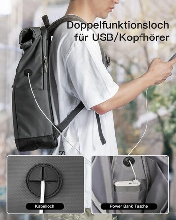 Рюкзак Inateck RollTop 25-30 л для чоловіків і жінок, велосипедний, шкільний, міський, для університету, роботи, спорту та подорожей, з відділенням для ноутбука 17