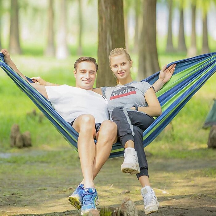 Гамак подвійний HOSPAOP бавовняний 280x160 см для саду, балкону, кемпінгу, пляжу. Витримує до 300 кг, блакитні смуги