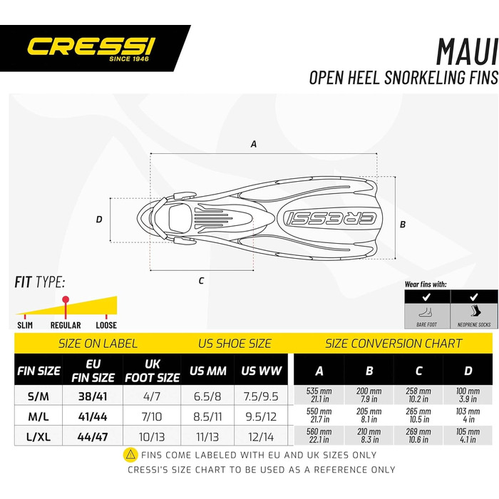 Ласти CRESSI Maui з EBS, довгі регульовані для плавання та снорклінгу, унісекс, чорні/червоні, L/XL (44-47 ЄС)