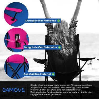 Крісло для риболовлі та відпочинку 24MOVE® - складне, з підстаканником, для дому та на вулицю (рожеве)