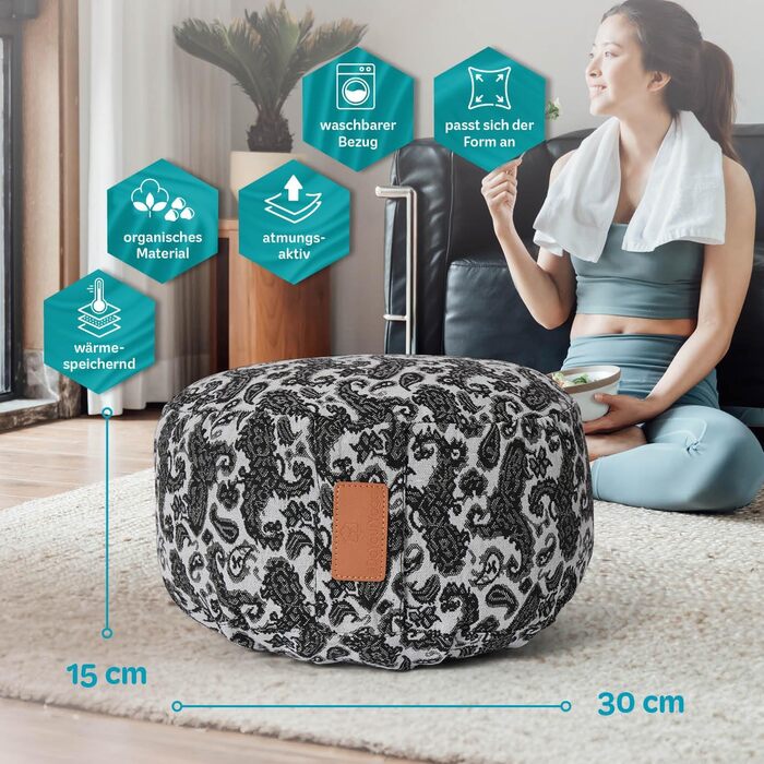 Йога-боулстер Rundes 30см x 15см | Знімний чохол | Наповнювач: органічна лушпинка пшениці або органічна шкаралупа | Для Йін-йоги та медитації