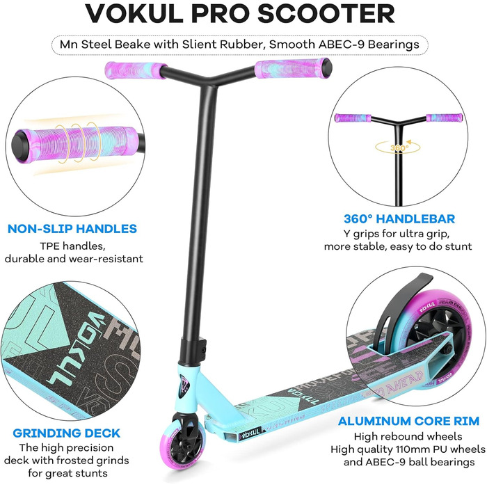 Трюковий самокат VOKUL Pro BZIT K1 для дітей, підлітків і дорослих, колеса 110 мм, алюмінієвий, синьо-фіолетовий, для фрістайлу, подарунок 2022