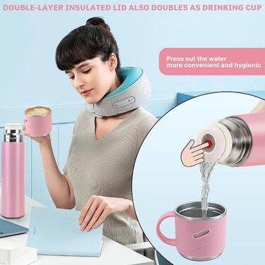 Термос IAGORYUE з нержавіючої сталі, 0,55 л, з герметичним кришкою та ручкою, подвійні стінки, зберігає тепло/холод до 12 годин, для спорту, офісу, відпочинку на природі (Рожевий)