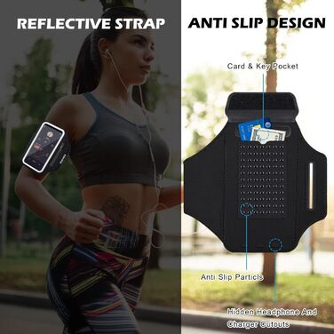 Спортивний браслет для телефону Universal, фіксатор для бігу з навушниками, кишеня для iPhone 16 Pro Max/15 Pro/14 Pro/13/12/11, чорний, на блискавці