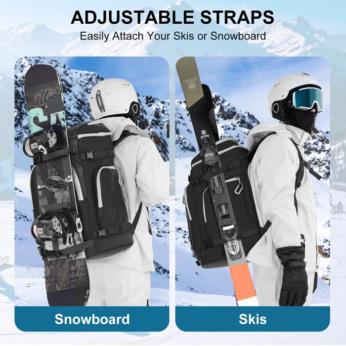 Чохол для лижних черевиків з відділенням для шолома, 65L туристичний рюкзак для лиж, водонепроникний мішок для лиж, сноуборду, лижного спорядження (чорний)