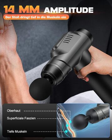 Масажер для м'язів, пістолет для масажу з 99 швидкостями та 8 насадок, до 9800U/min, амплітуда 14 мм, LED-дисплей, 35 dB, для розслаблення спини та плечей, чорний