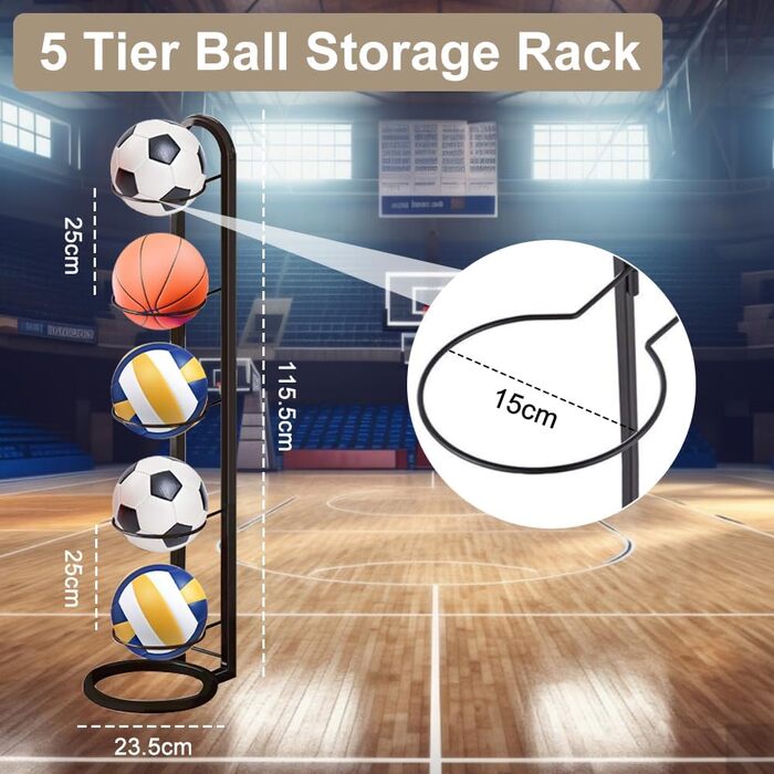 Стійка для зберігання м'ячів Kleemeiero: баскетбольний, футбольний, волейбольний, 5 м'ячів, 23.5 см, білий/чорний