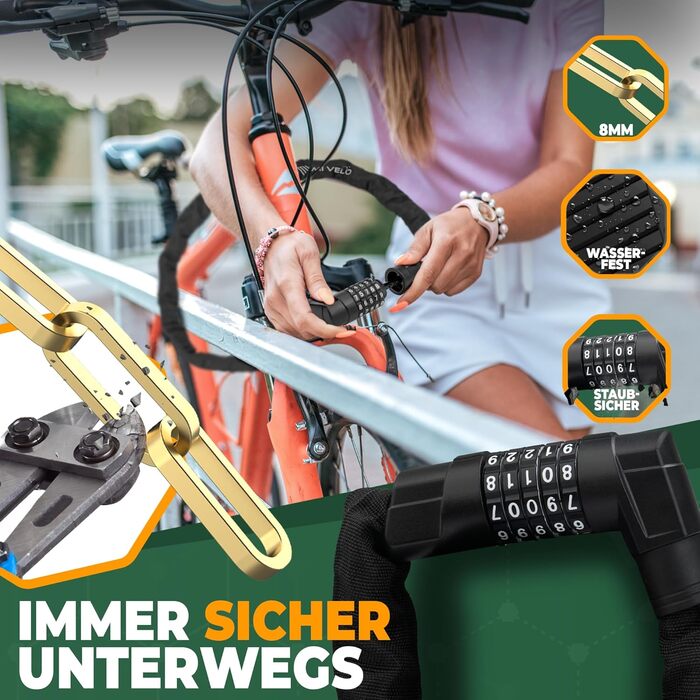 Замок для велосипеда MIVELO ланцюговий, 100 см, висока безпека. 8 мм загартована сталь, кодовий замок. Підходить для E-bike, MTB, шосе.