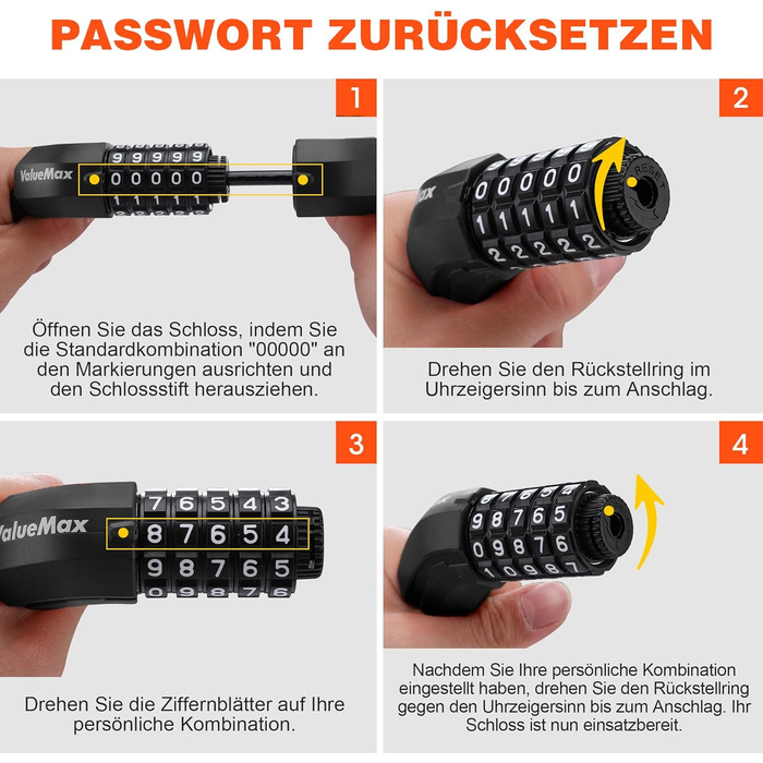 Замок для велосипеда ValueMax з кодовим замком, 100 см, 5-значний код, сталевий ланцюг 8 мм, чорний/білий