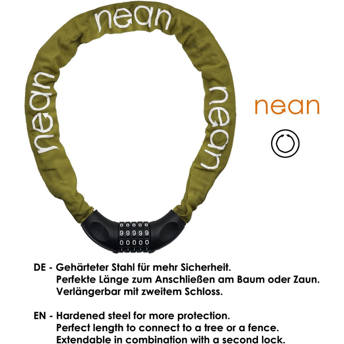 Велосипедне замкове обладнання Nean: ланцюговий замок з кодом, 6 мм, 900 мм, зелений